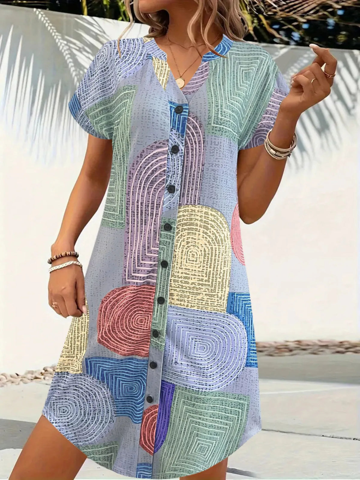 Geometric V-Neck Button-Front Dress