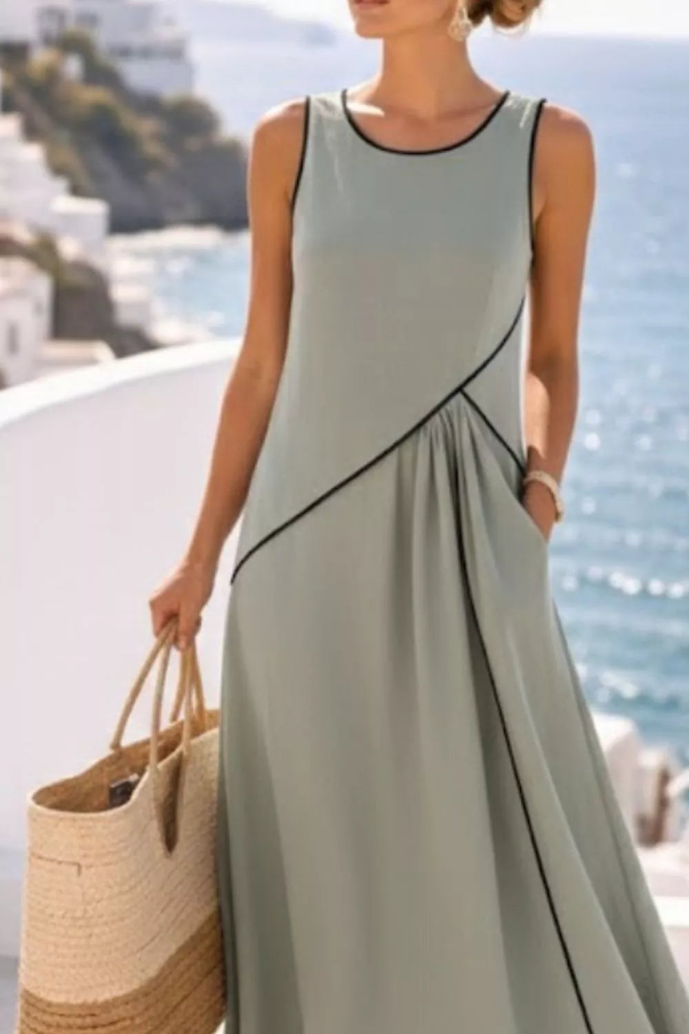 Sleeveless Maxi Dress with Contrast Trim and Pockets