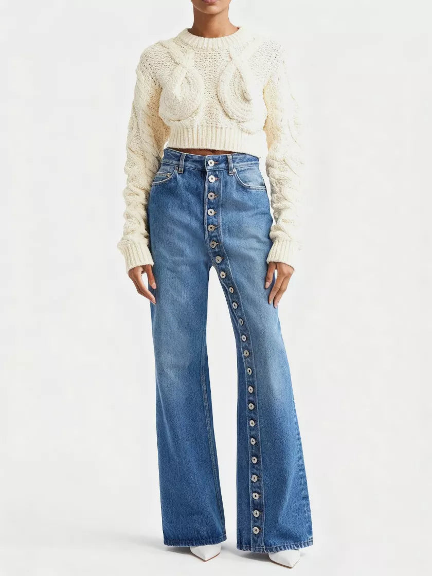 High-Waisted Asymmetric Button-Fly Wide-Leg Jeans in Dusty Blue by Invera