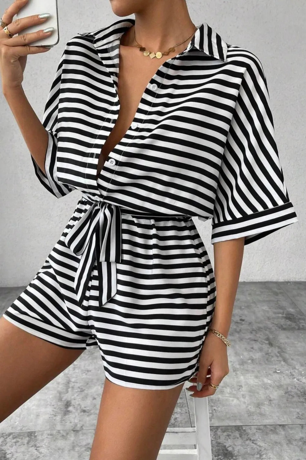 Striped Collared Tie Waist Romper
