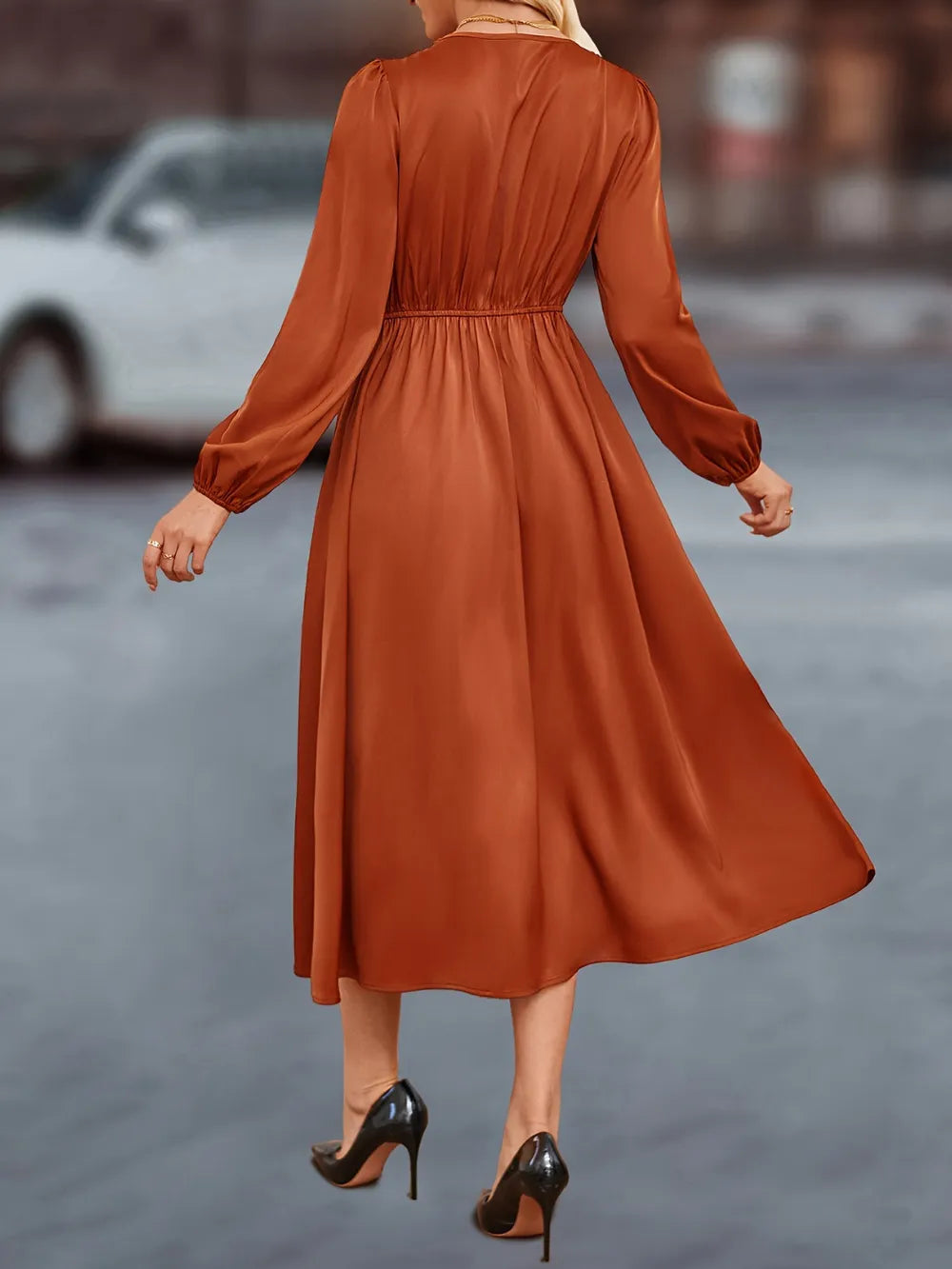 V-Neck Balloon Sleeve Midi Dress in Terracotta