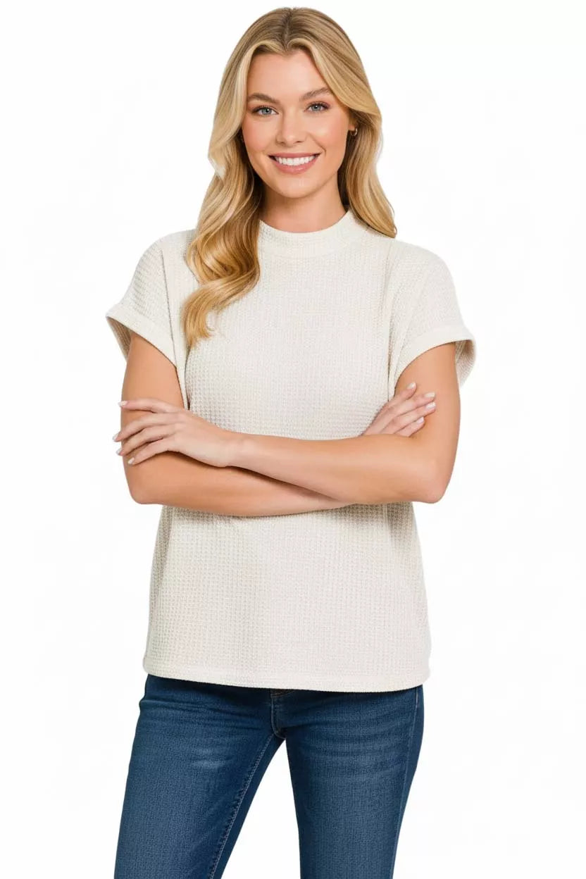 Zenana Chenille Waffle Cap Sleeve Sweater in Ivory
