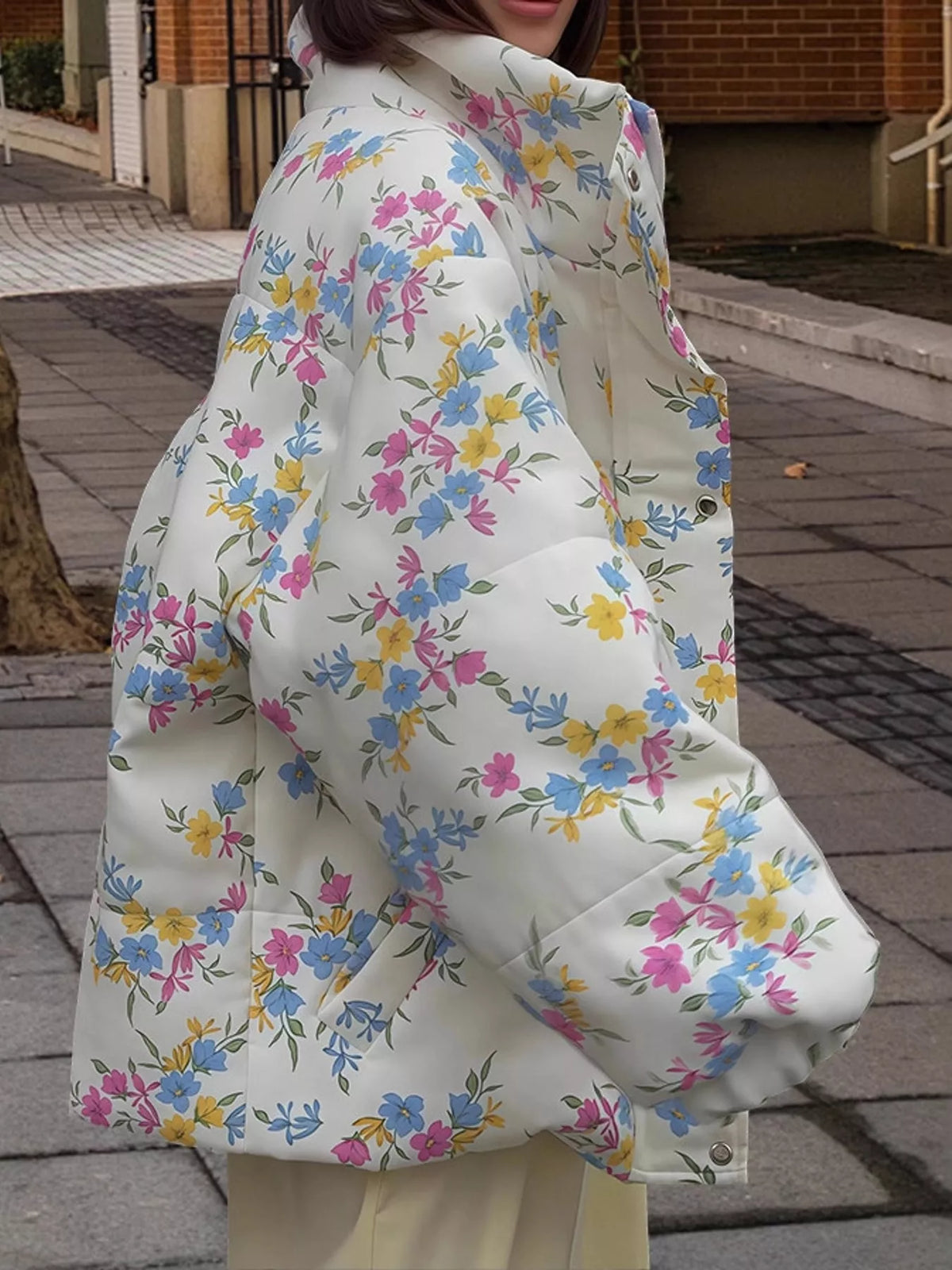 Floral Print Oversized Puffer Jacket in White