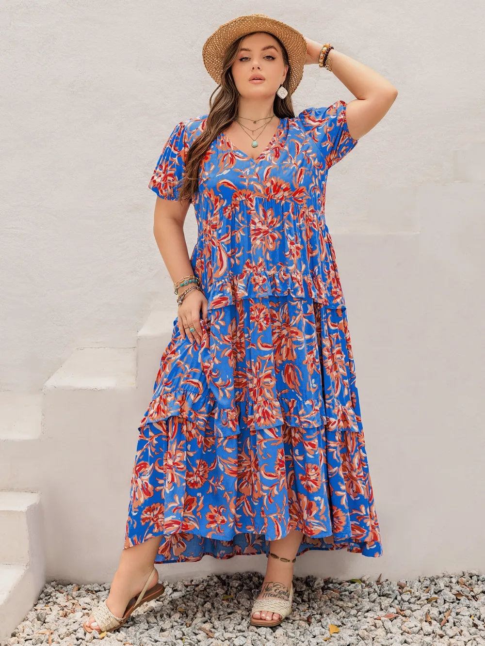 Ruffled Print V-Neck Maxi Dress in Blue