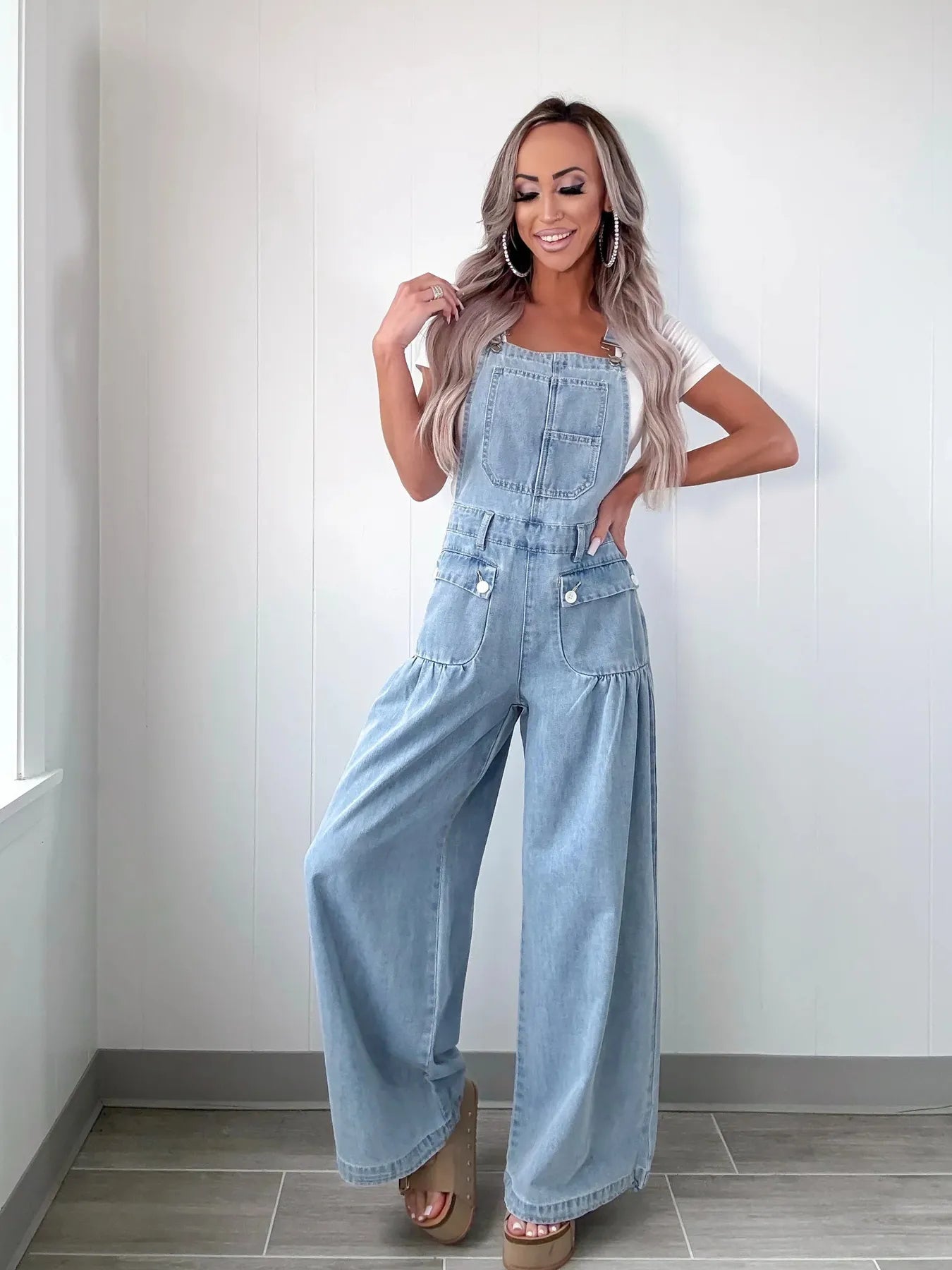 Wide Leg Denim Overalls in Light Blue