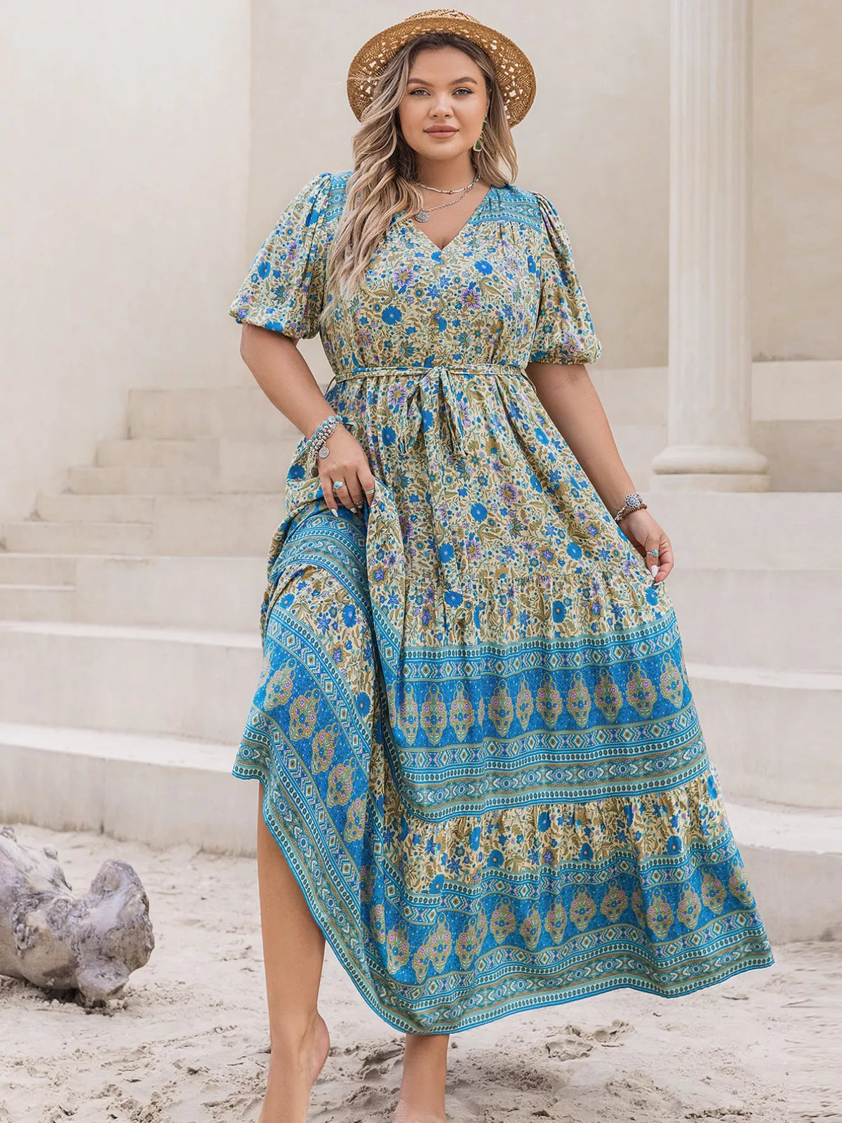 V-Neck Floral Print Maxi Dress in Sky Blue