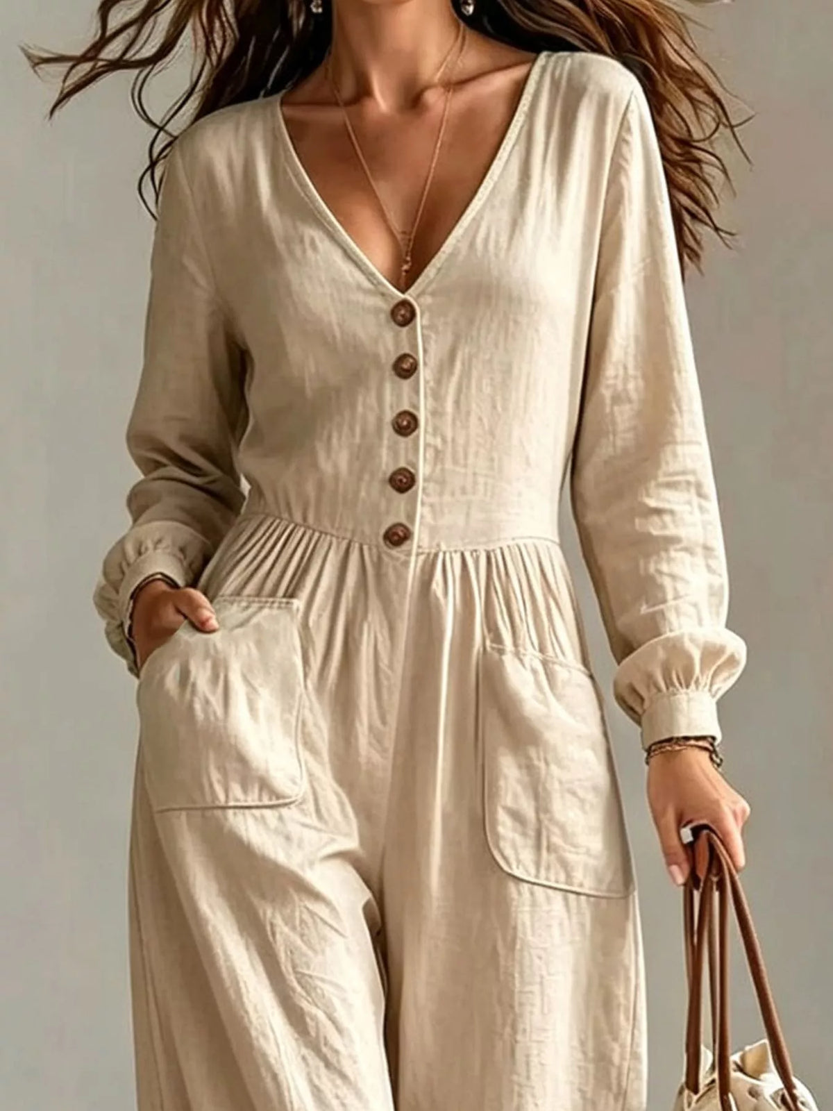 V-Neck Long-Sleeve Button-Down Wide-Leg Jumpsuit