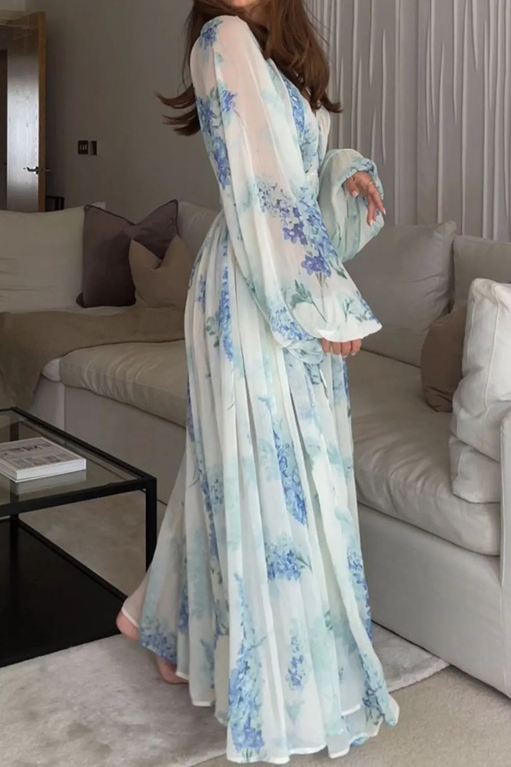 Bohemian Balloon Sleeve Maxi Dress in Light Blue by Shenori