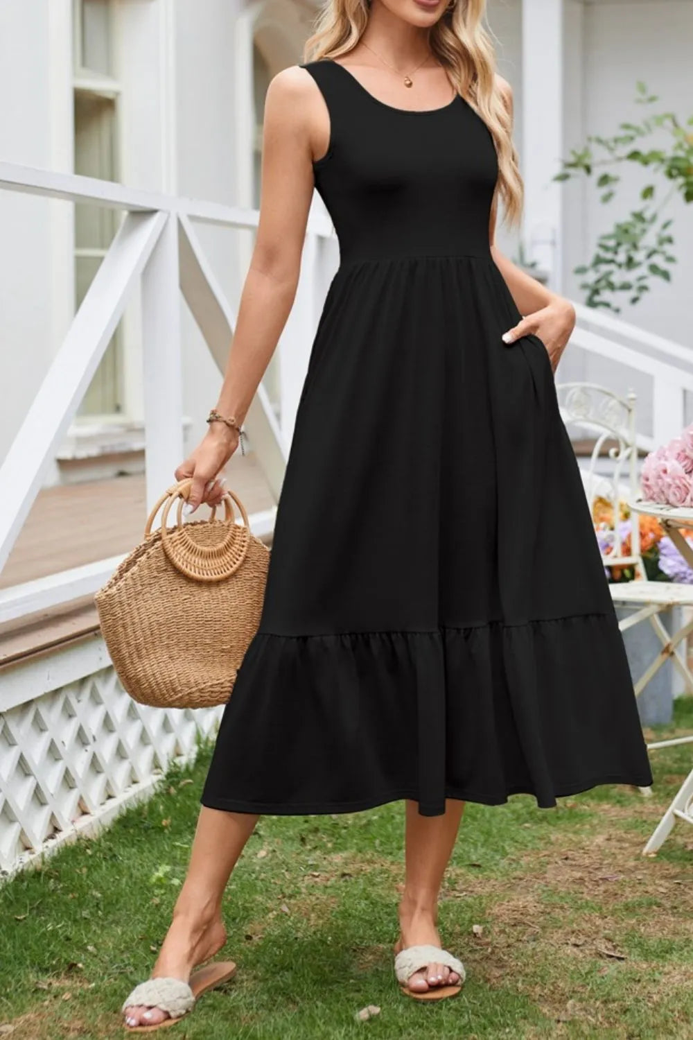 Round Neck Wide Strap Tank Dress by Gen Beauty