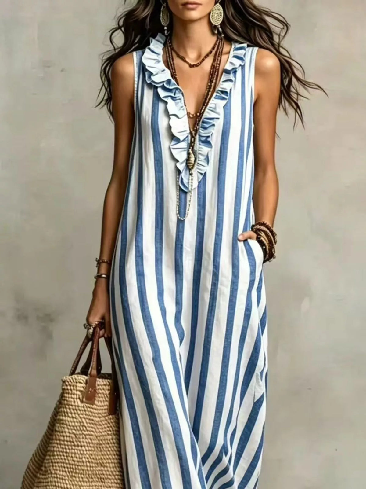 Ruffle V-Neck Sleeveless Plus Size Maxi Dress