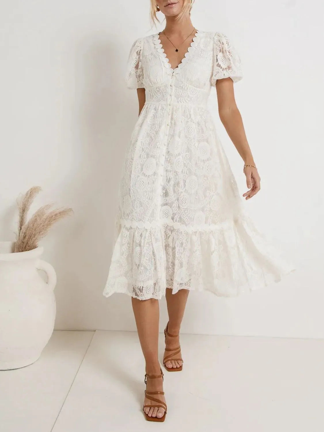 Lace V-Neck Short Sleeve Dress in Dusty Pink