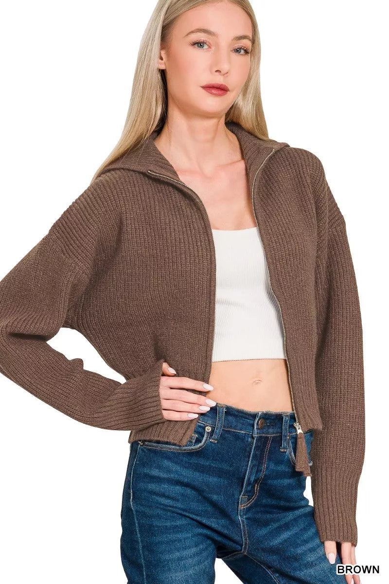 Zenana Zip Up Sweater Cardigan in Brown
