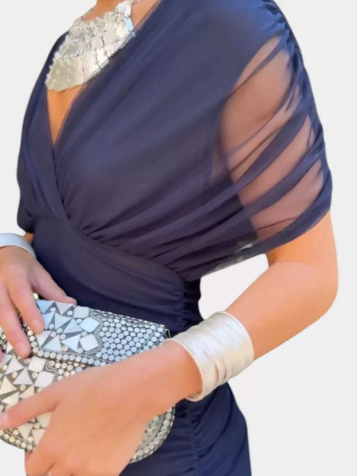 Off-Shoulder Mesh Ruched Maxi Dress, Plus Size