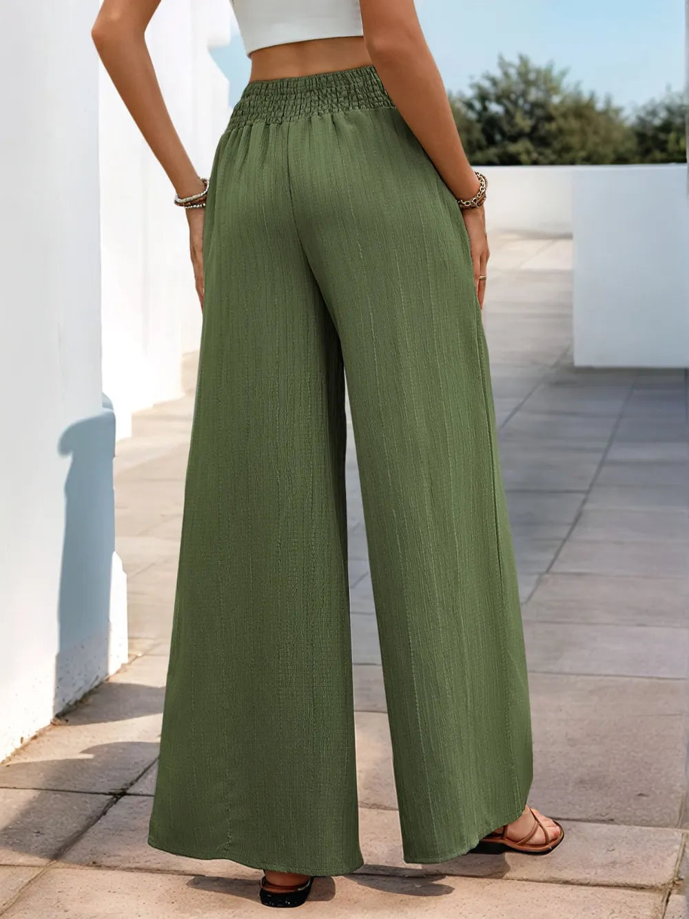 Smocked Wide Leg Pants in Moss