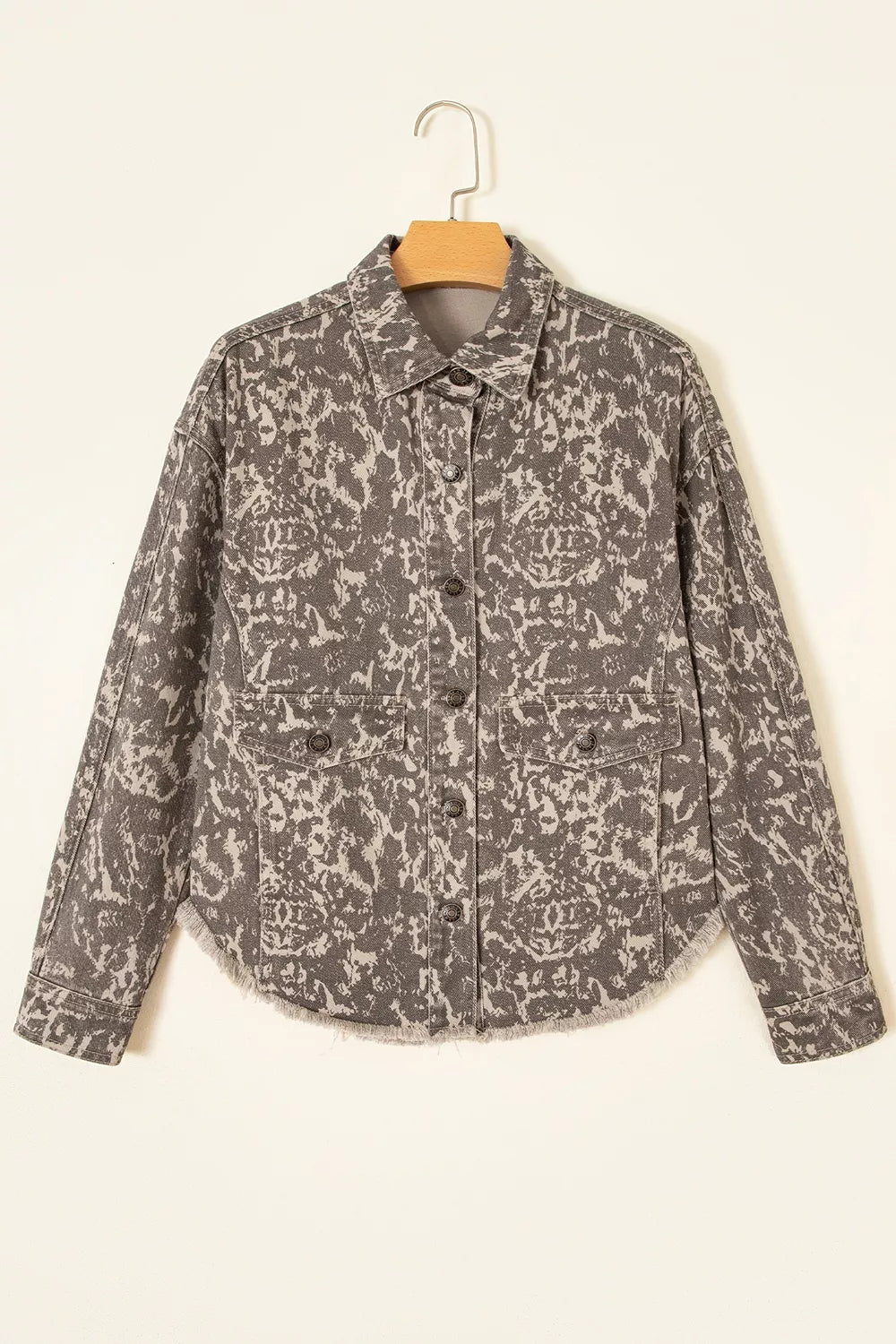 Abstract Print Raw Hem Denim Jacket in Mocha