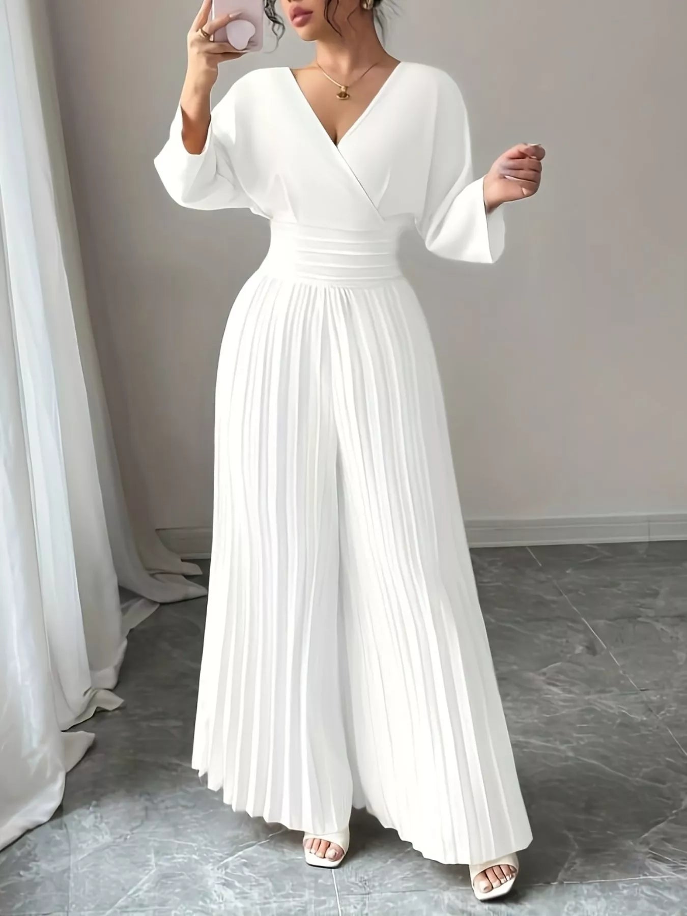 Surplice Pleated Wide Leg Jumpsuit