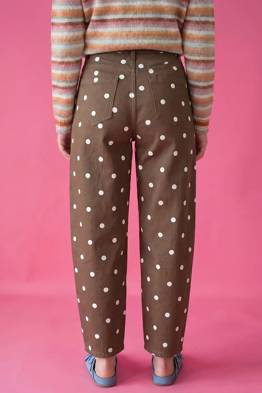 Polka Dot Print Barrel Jeans in Dark Brown