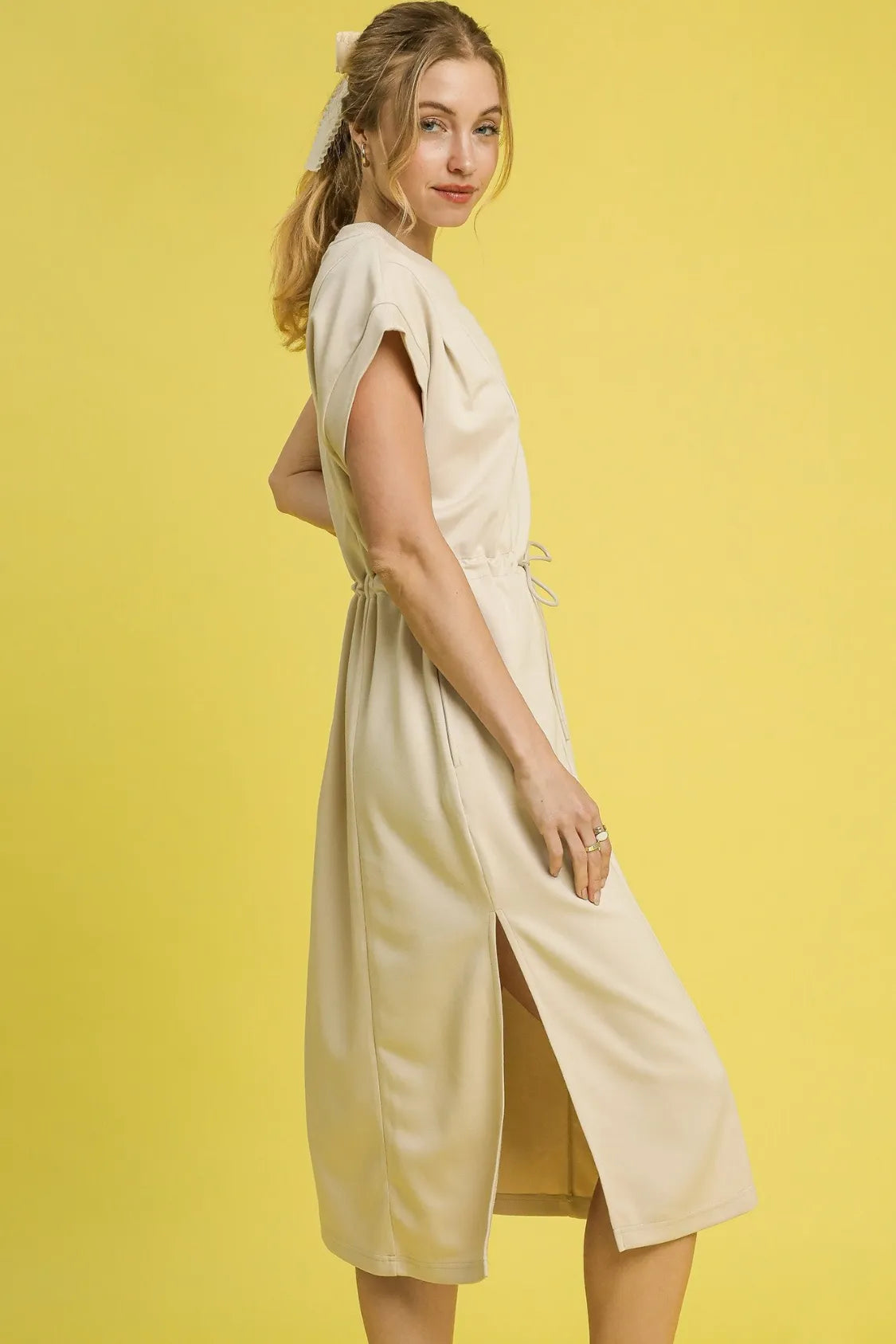 Umgee Tie-Waist Midi Tee Dress in Ecru