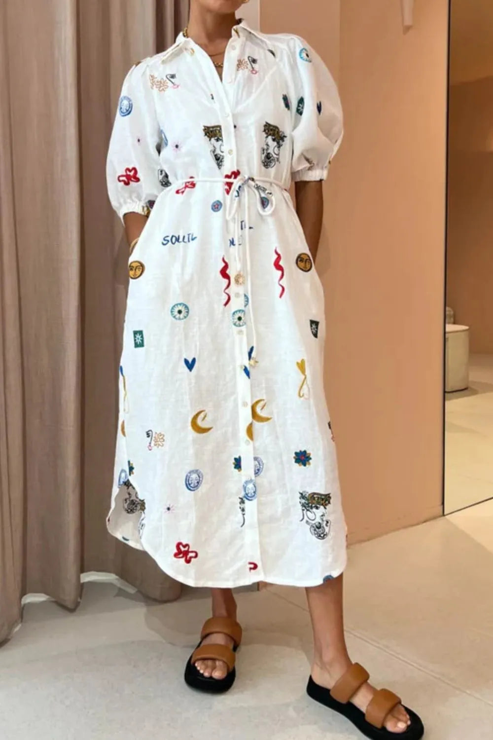 Button-Up Midi Shirt Dress in White