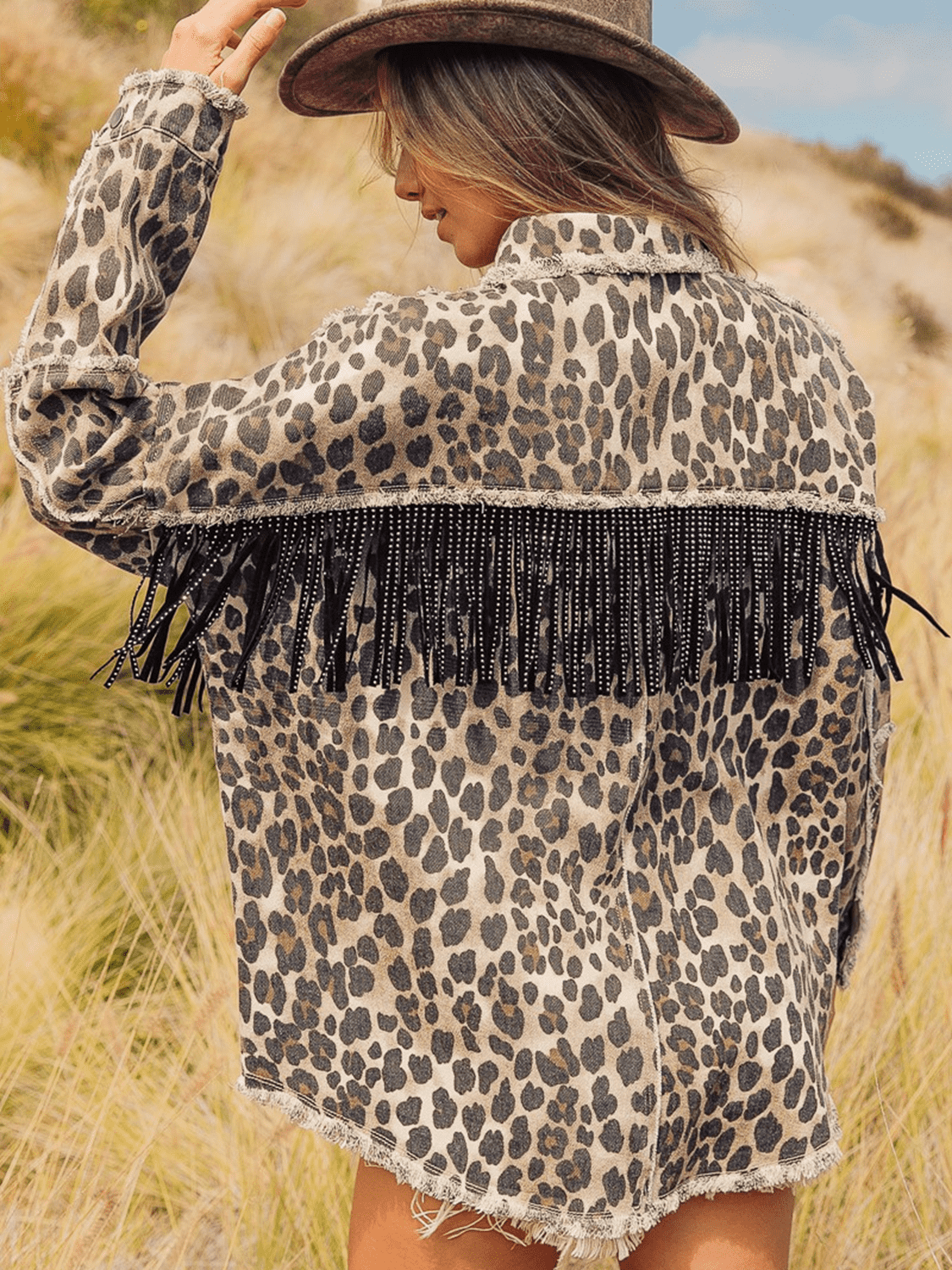 Leopard Fringe Detail Collared Denim Jacket