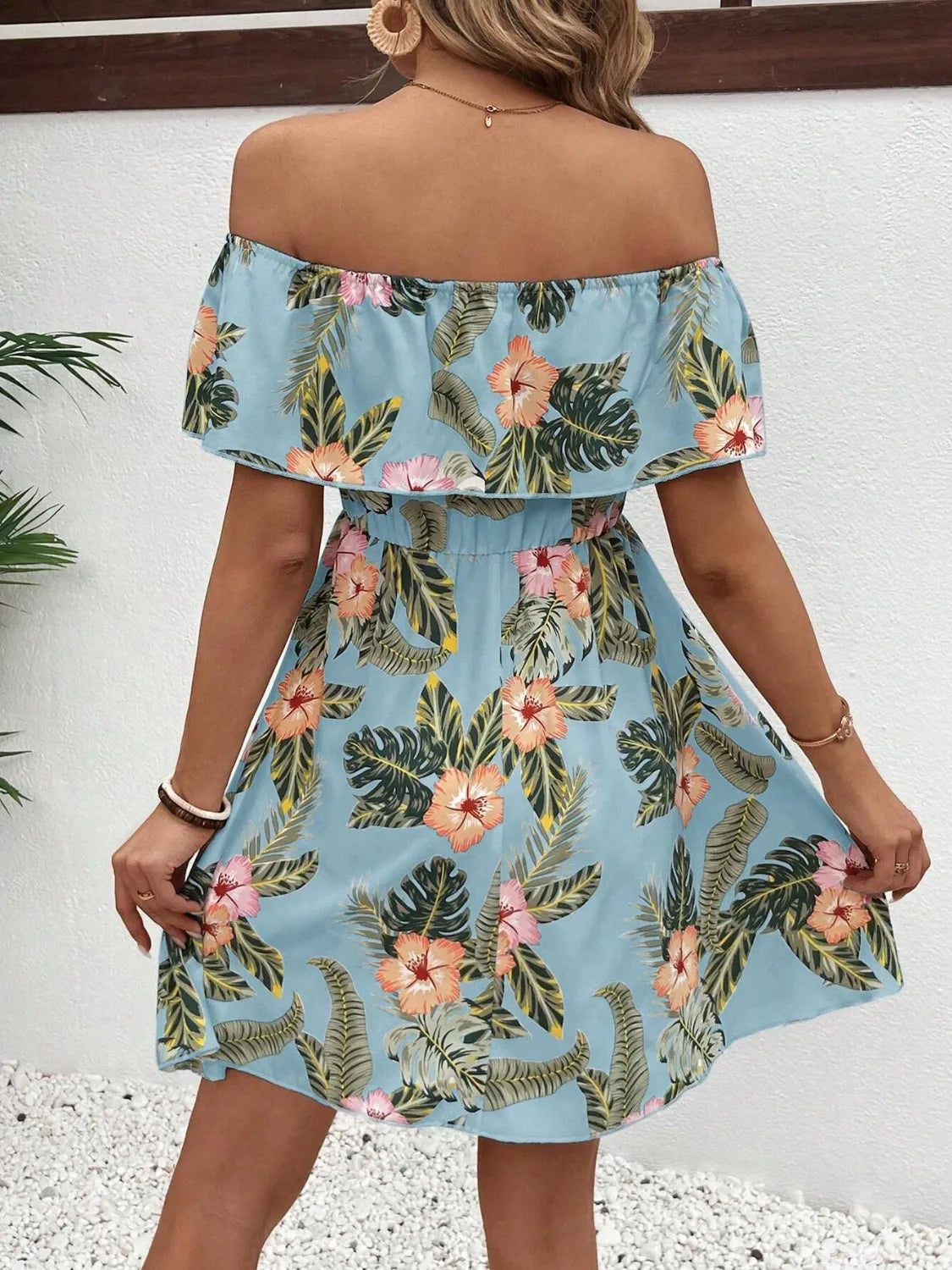 Printed Off-Shoulder Ruffle Mini Dress in Light Blue