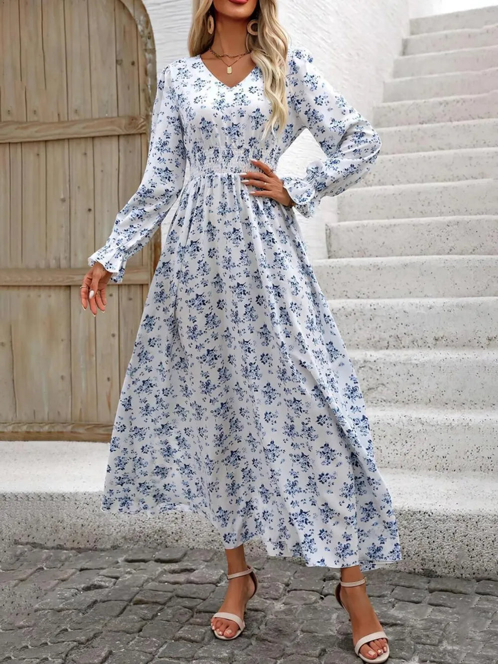 Smocked V-Neck Flounce Sleeve Dress