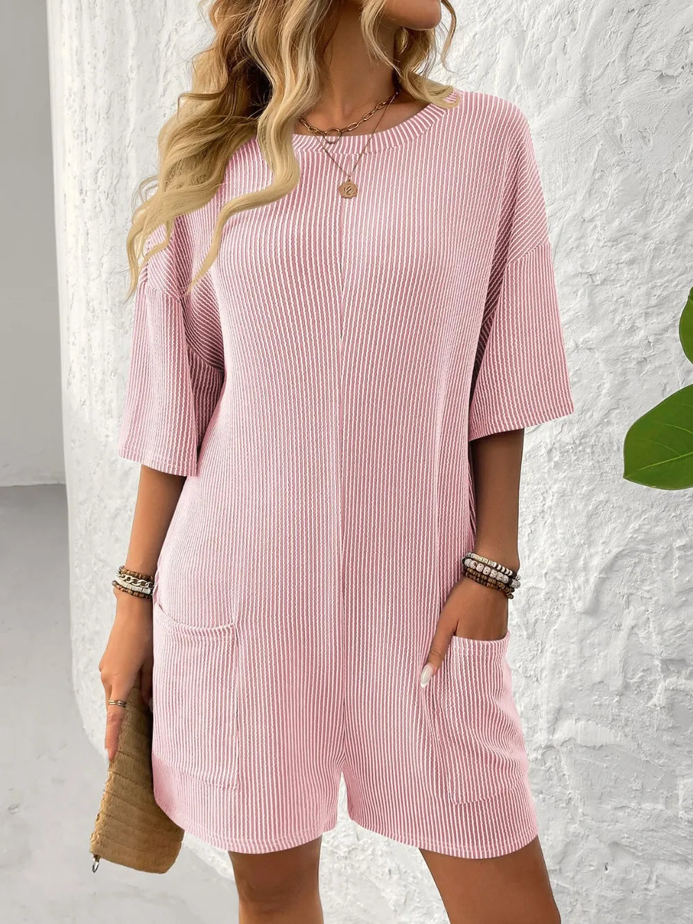 Backless Textured Half Sleeve Romper