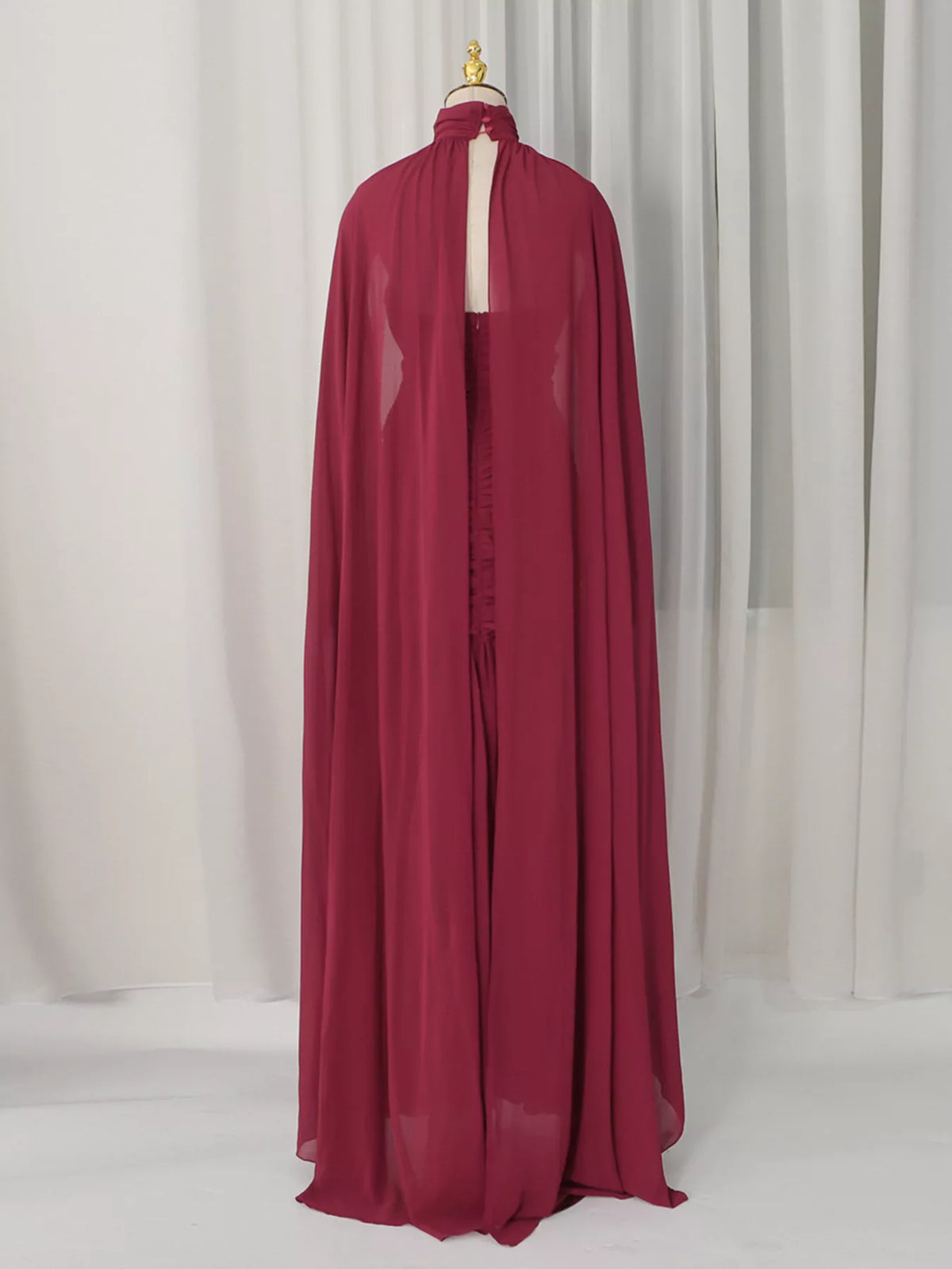 Ruched Halter Neck Cape Maxi Dress in Red