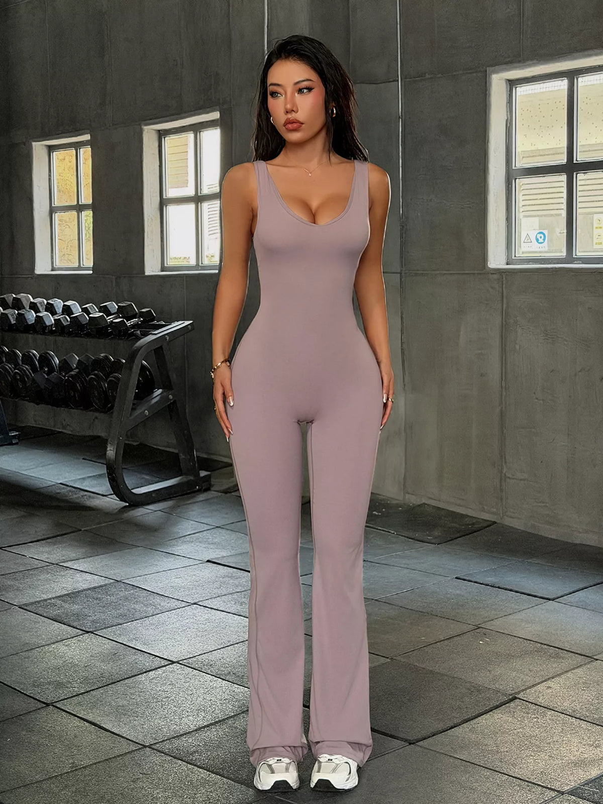 Sleeveless Flared Leg Jumpsuit in Grayish Purple
