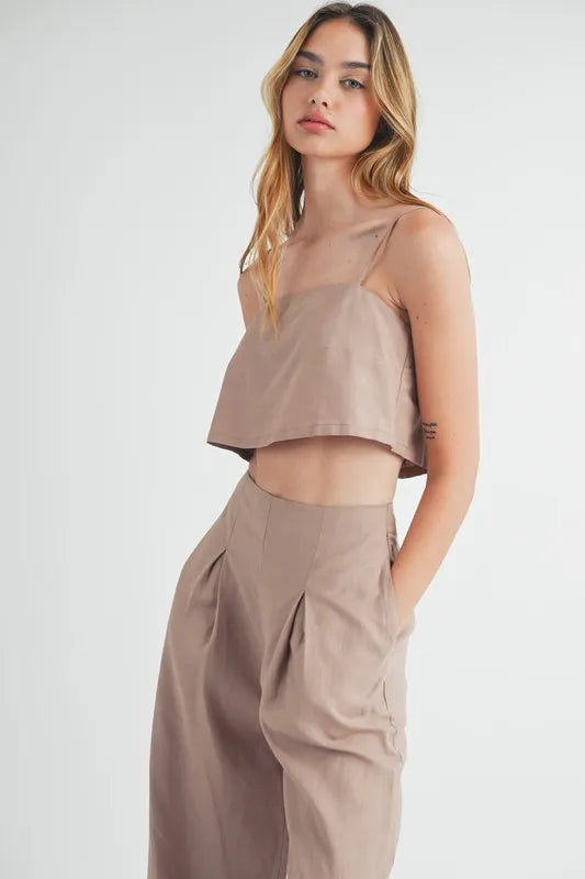 Linen Mix Crop Cami & Wide Leg Pants Set in Mocha