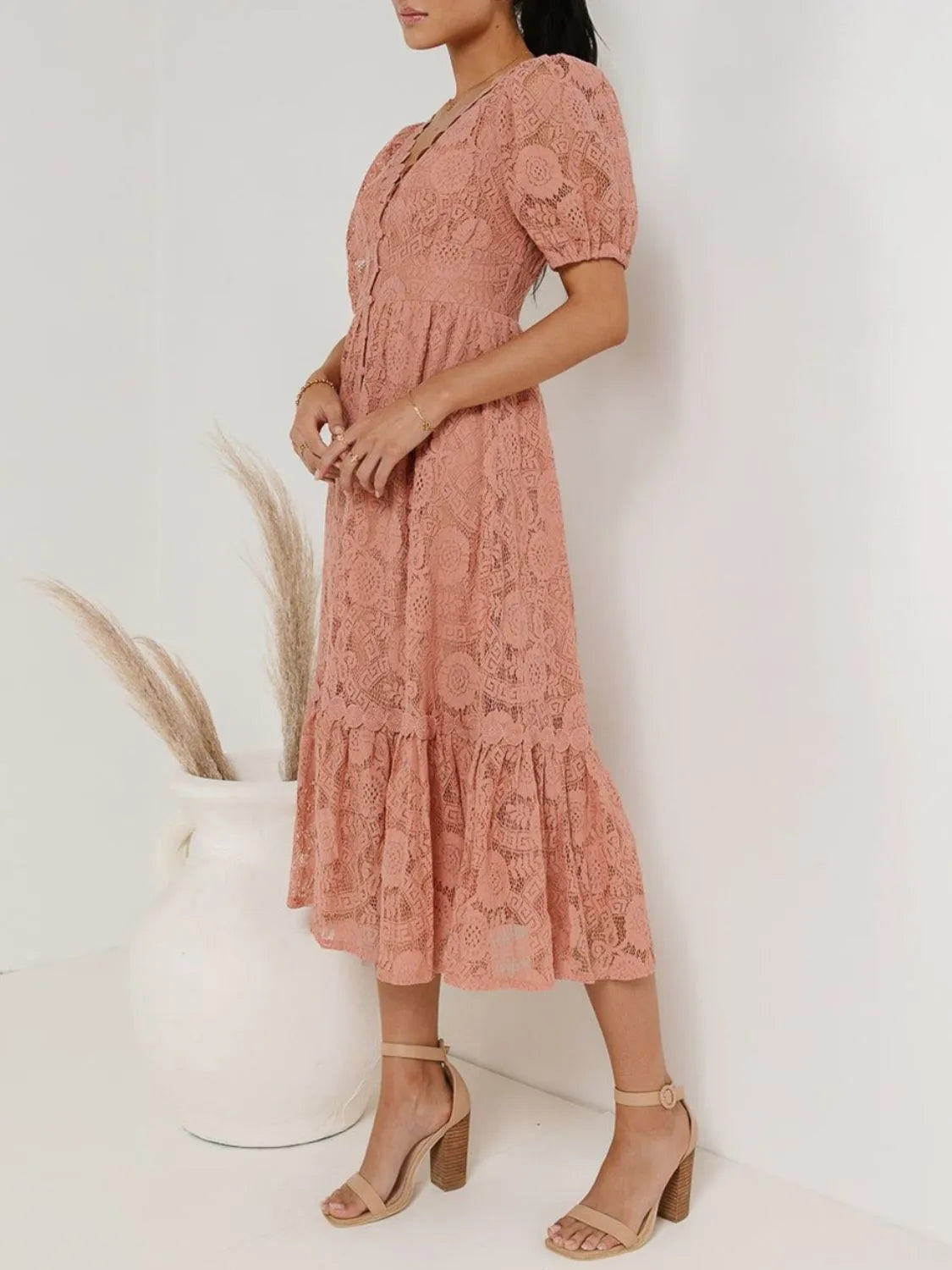 Lace V-Neck Short Sleeve Dress in Dusty Pink