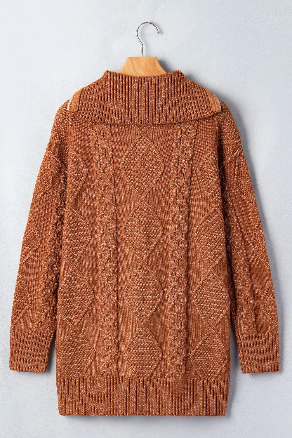 Zip-Up Cable Knit Drop Shoulder Sweater Dress in Caramel