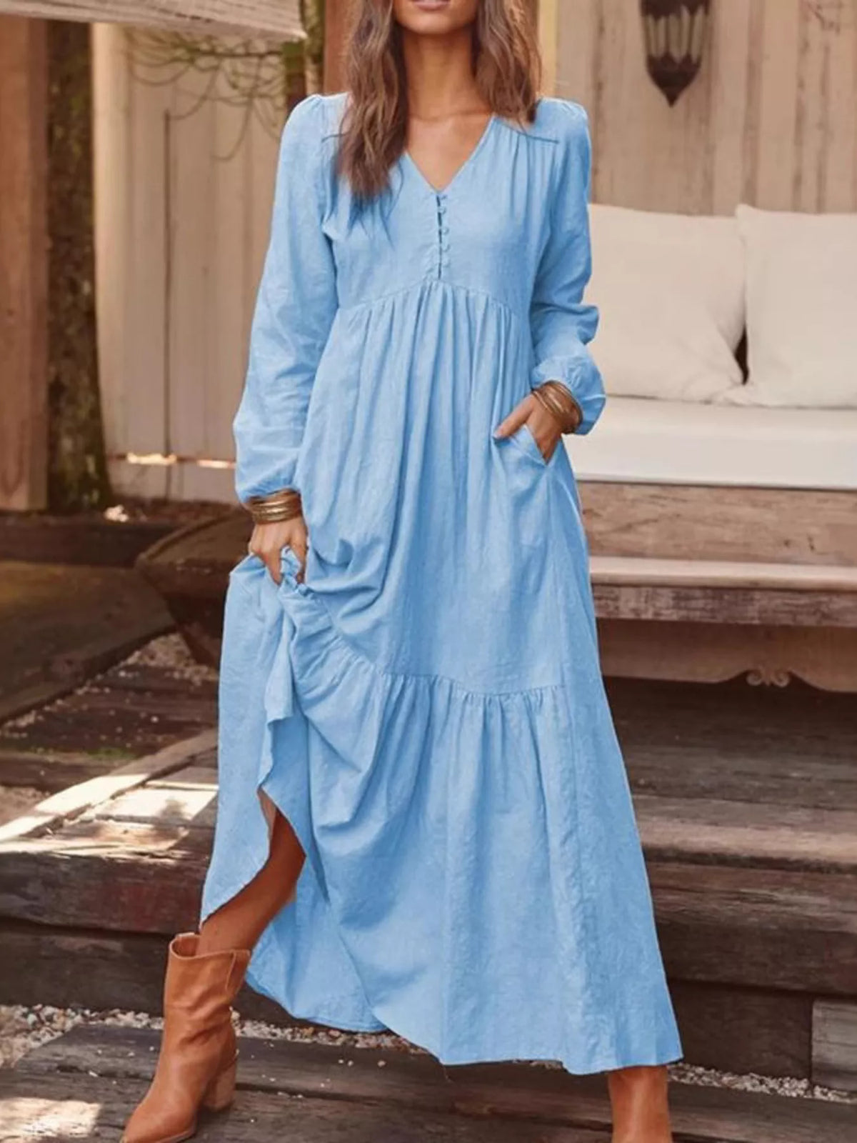 V-Neck Long Sleeve Tiered Maxi Dress with Pockets