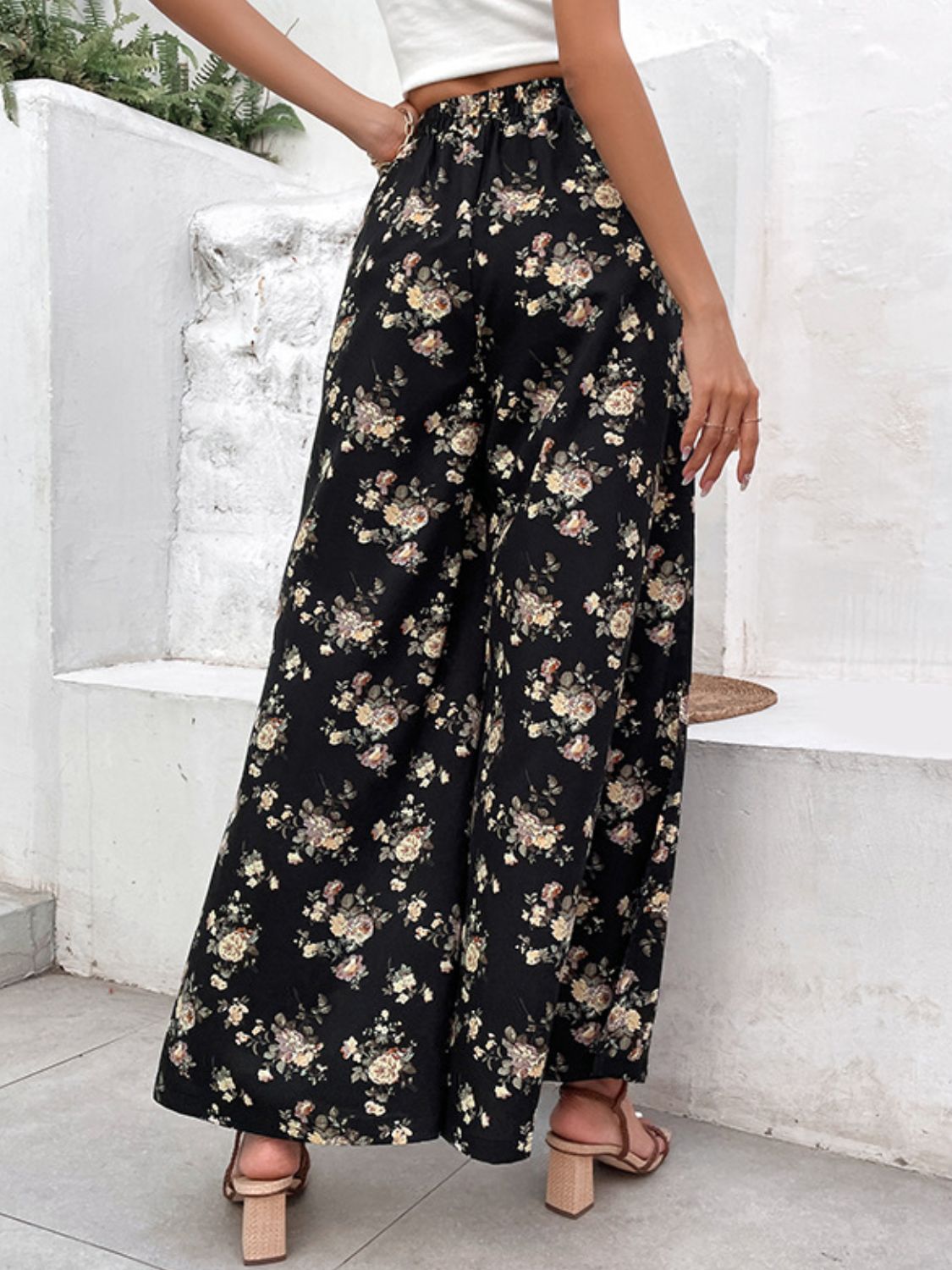Floral Side Slit Wide Leg Pants in Black