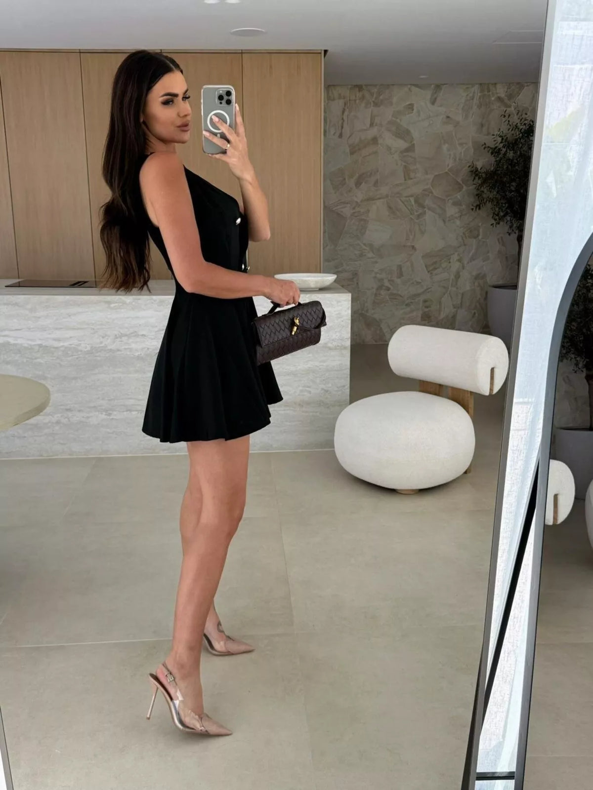 Double-Breasted V-Neck Pleated Mini Dress