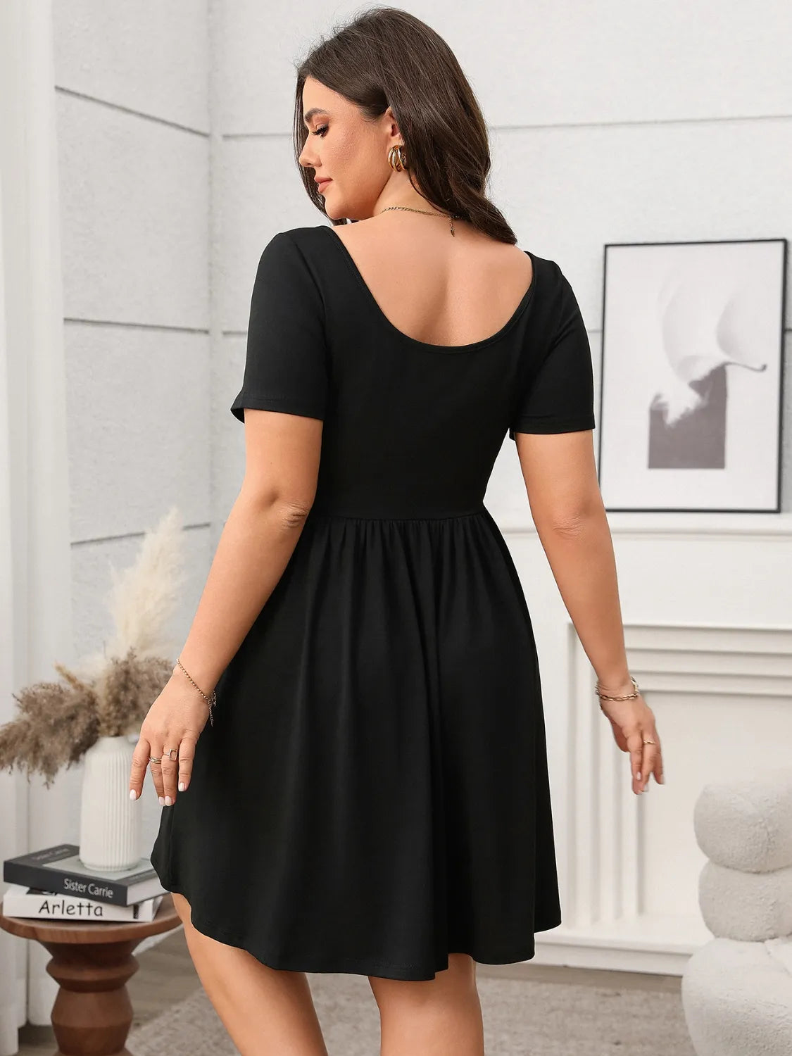 Plus-Size Square Neck Short Sleeve Mini Dress in Matcha Green