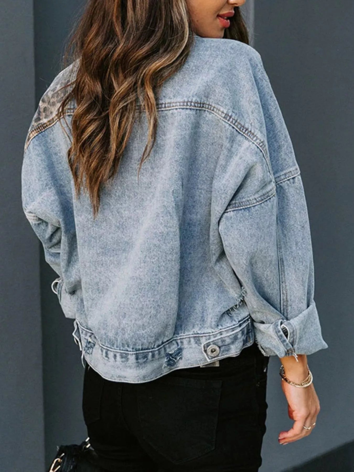 Leopard Print Button-Up Denim Jacket in Light Wash