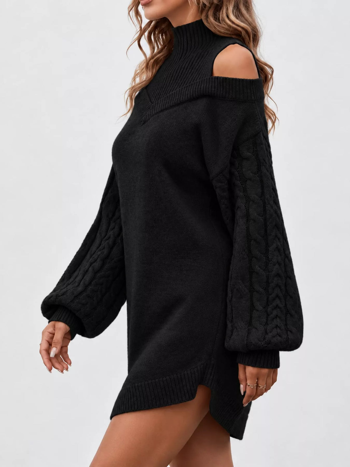 Cable-Knit Cold-Shoulder Mock-Neck Sweater Dress