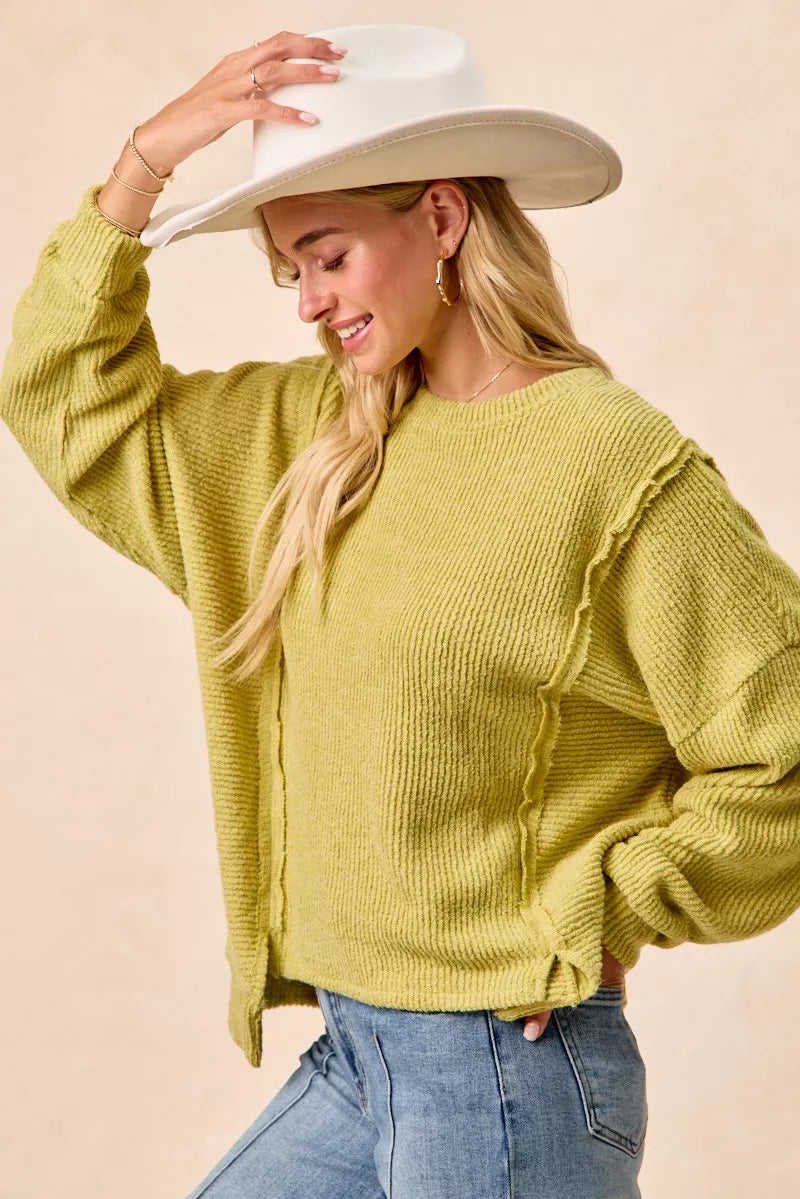 Boucle Uneven Hem Sweater in Lime by BiBi