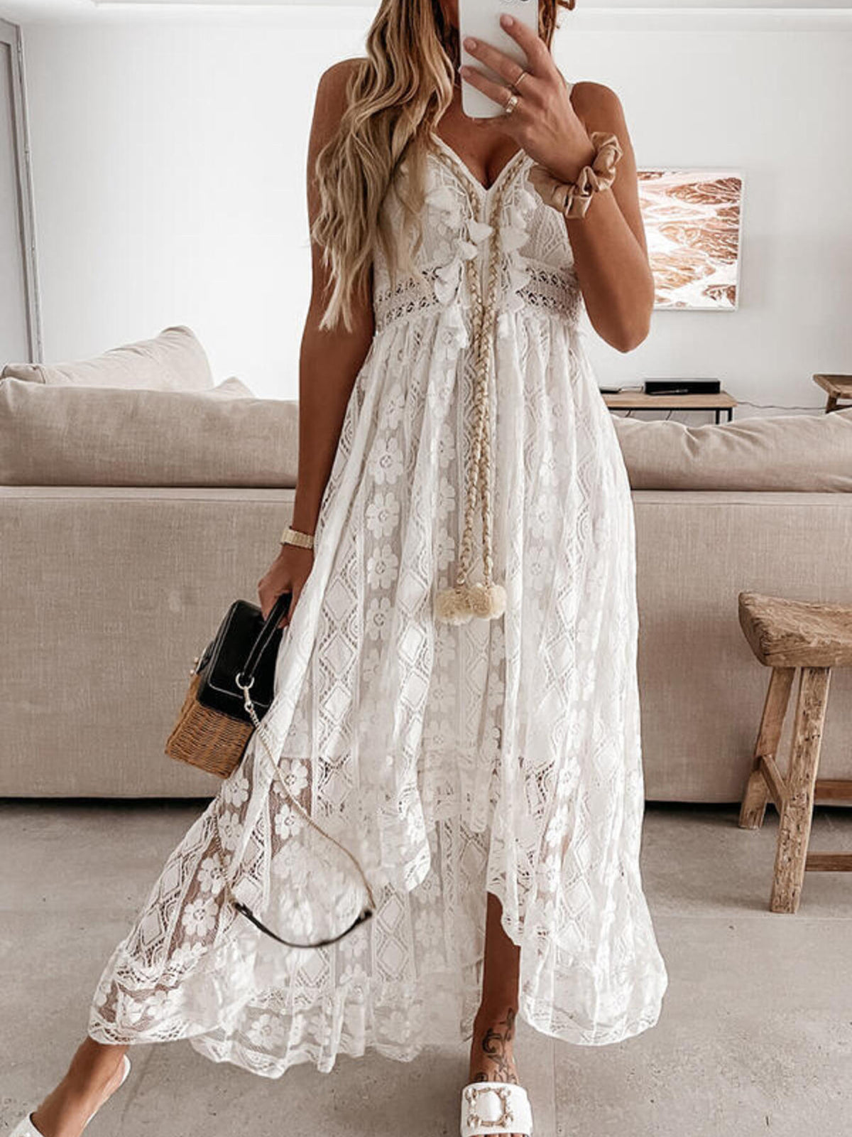 Ruffled Lace V-Neck Maxi Dress