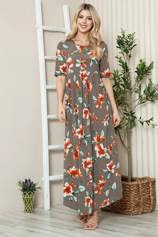 Floral Round Neck Short Sleeve Maxi Tee Dress in Coffee Brown