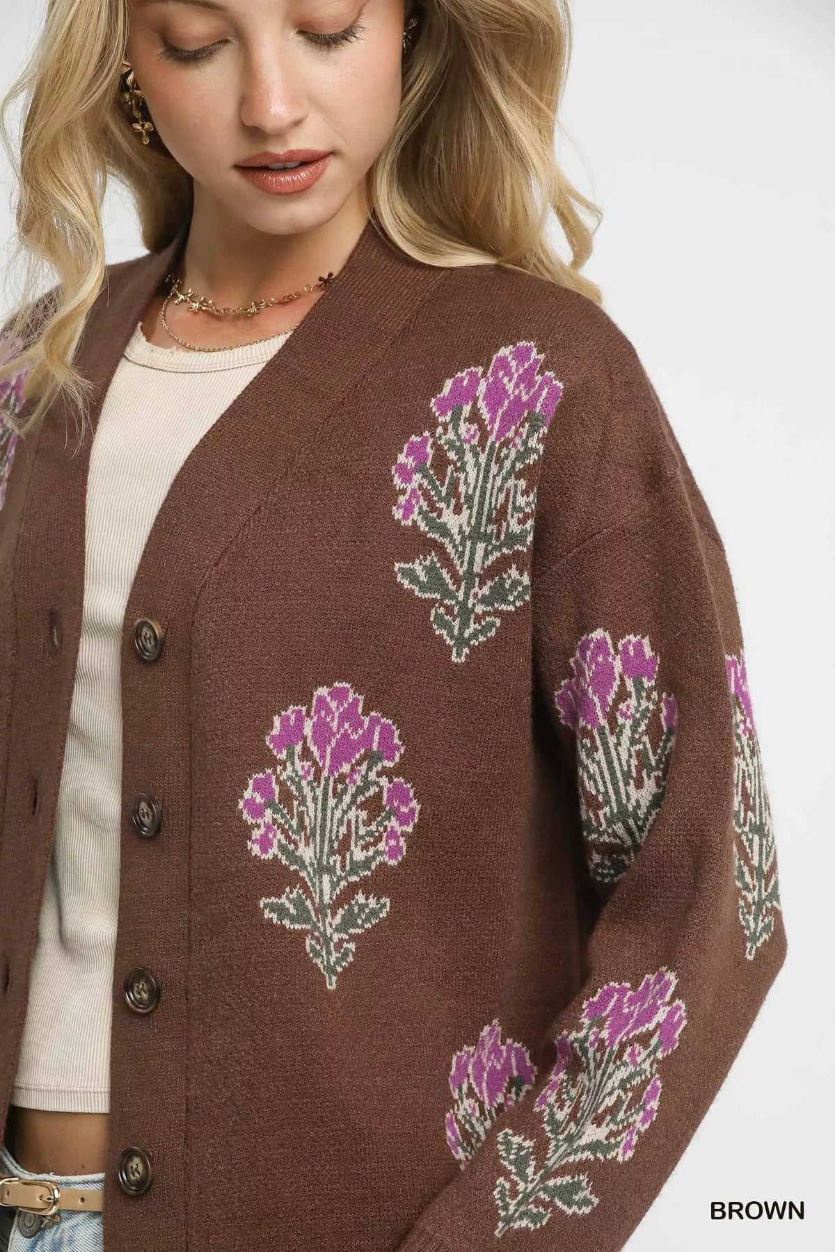 Umgee Jacquard Flower Cardigan in Brown
