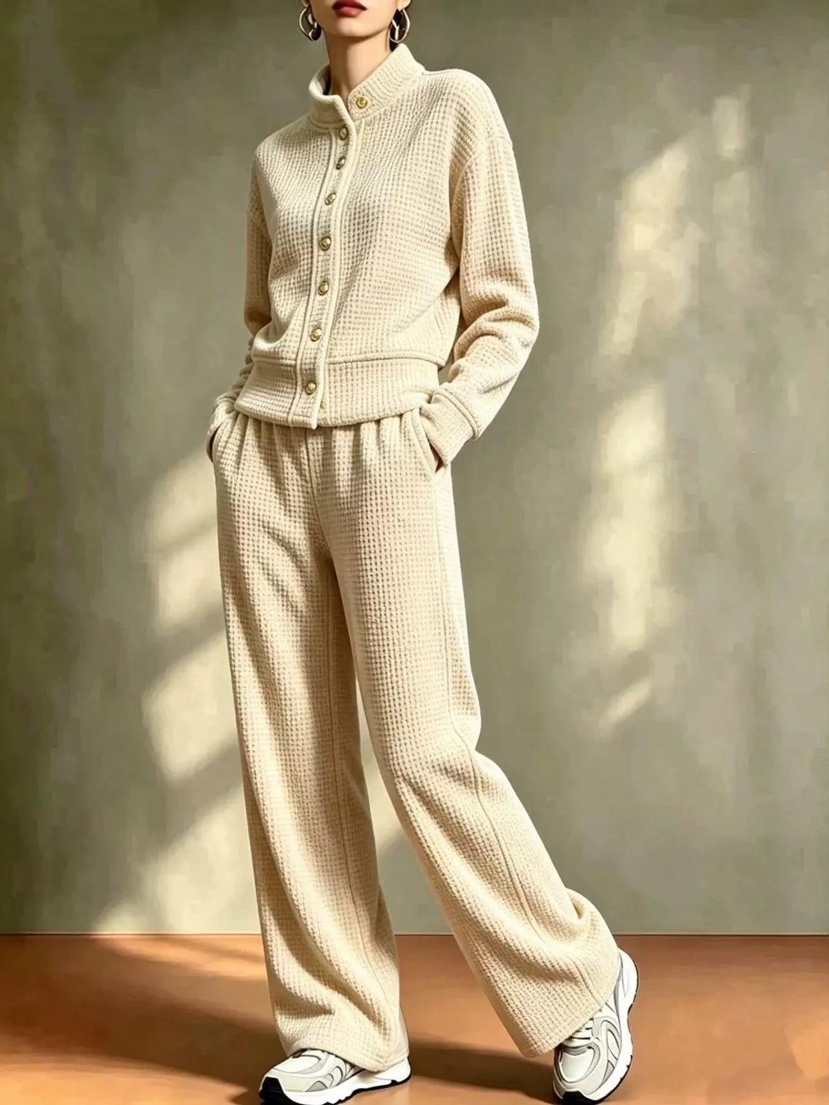 Waffle Knit Button-Up and Wide-Leg Pants Set