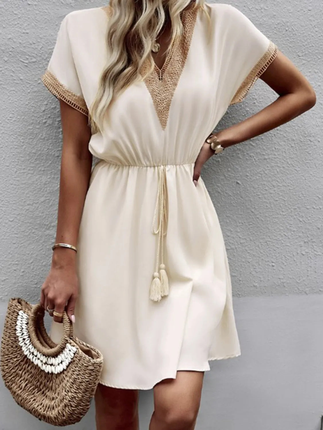 Tasseled V-Neck Short-Sleeve Dress