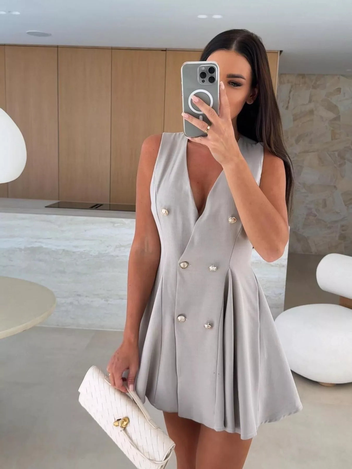 Double-Breasted V-Neck Pleated Mini Dress
