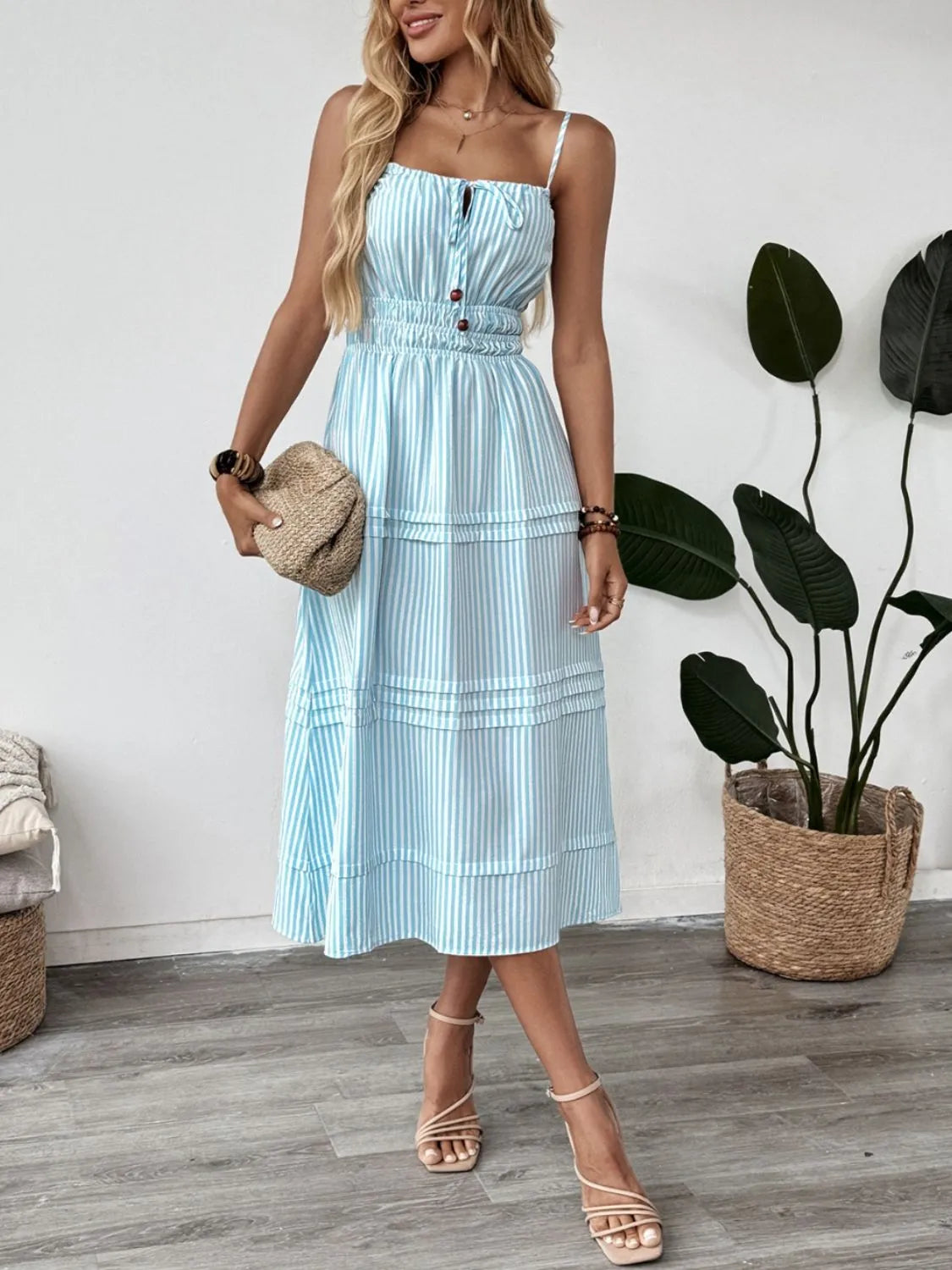 Striped Spaghetti Strap Midi Dress in Pastel Blue in Pastel  Blue