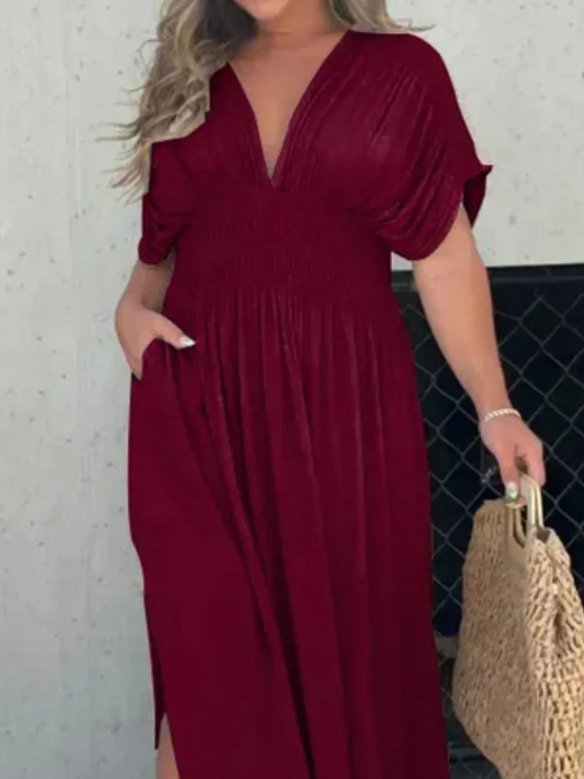 Deep V-Neck Maxi Dress with Side Slit