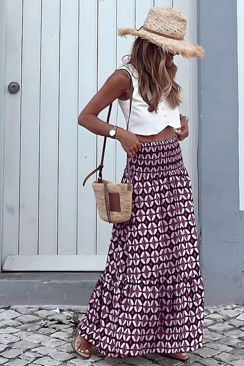 Geometric Print Smocked Waist Maxi Skirt in Mauve