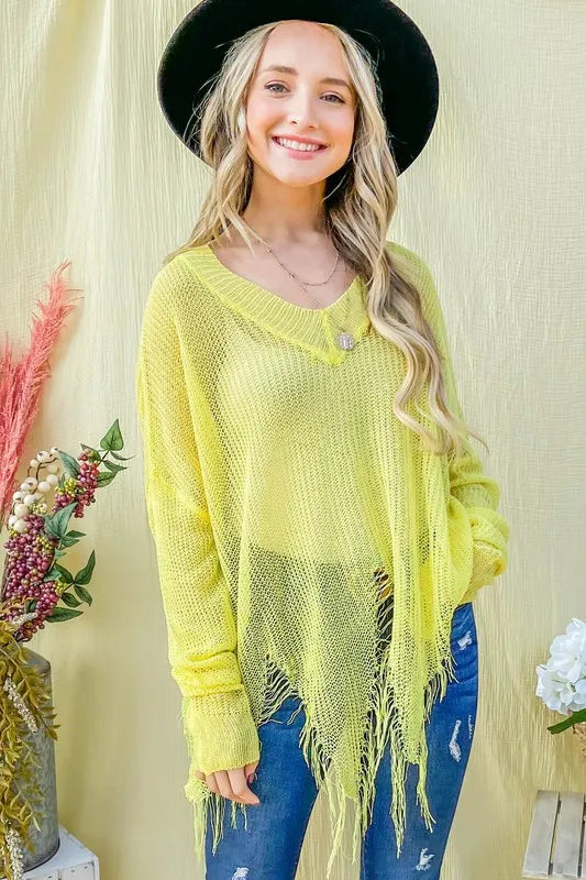 And The Why Distressed Mesh V-Neck Cover-Up in Yellow