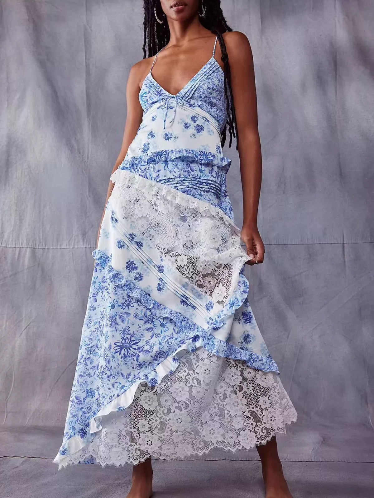 Lace Floral Ruffle Trim Maxi Dress